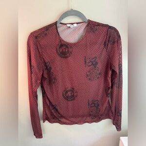 Miaou Sheer Graphic Long Sleeve Tee in Burgandy XL